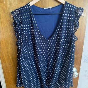 Sleeveless Navy Polka-Rectangle Ruffle V-Neck Top